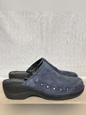 Born Womens Blue Suede Majesty Studded Slip On Wedge Mules Clogs Shoes SZ 8M